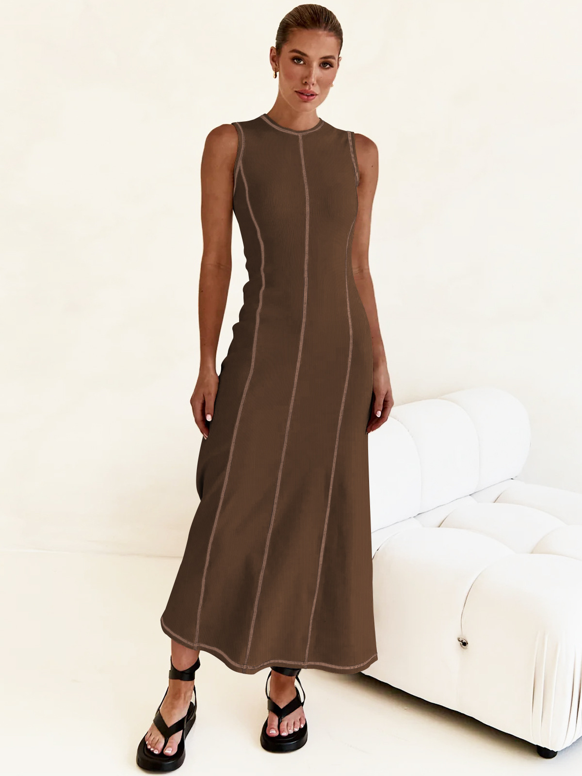 Women's Sheath Dress Streetwear Round Neck Sleeveless Stripe Solid Color Maxi Long Dress Daily display picture 26