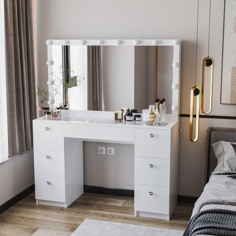 Tocador de lujo ligero, cómoda sencilla para dormitorio en apartamentos pequeños, mesa de maquillaje integrada con espejo y luz.