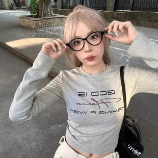 Early Autumn New American Spice Girl Top Inner Wearing Letter Printing Shoulder Round Neck Long Sleeve T-Shirt Spring and Autumn Base