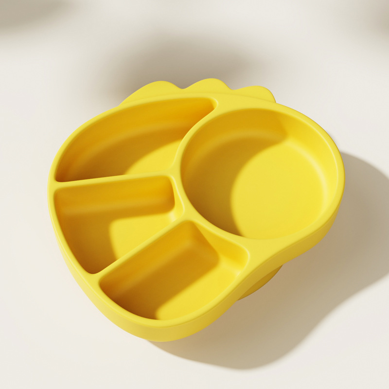 Placa de comedor de rejilla dividida de silicona para niños, tazón de adyuvante de dinosaurio de dibujos animados de grado alimenticio para entrenar al bebé para comer y separar la vajilla