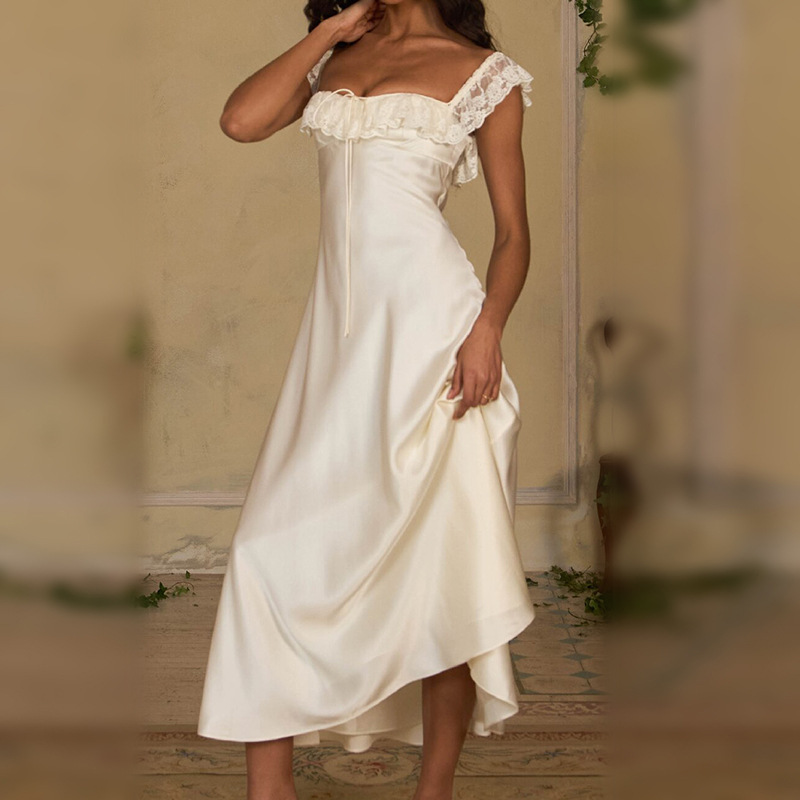 2026 New Cross-Border Lace Ruffle Square-Neck Off-Shoulder Satin Dress with Waist-Cinching Long Skirt, Elegant and Graceful 2026 New Cross-Border Lace Ruffle Square-Neck Off-Shoulder Satin Dress with Waist-Cinching Long Skirt, Elegant and Graceful