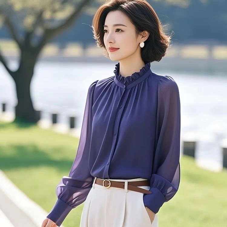 2025新款漂亮小衫开春通勤深蓝色长袖衬衫法式女士设计感小众套装|undefined