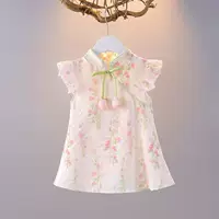 Платье Cheongsam с цветочным принтом для девочек, летнее тонкое улучшенное детское платье, детский летний наряд, платье для первого дня рождения для девочек.