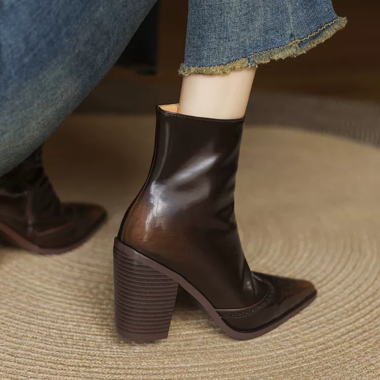 Ретро высокие каблуки Bullock сапоги женские осень-зима новые боковые молнии толстые каблуки челси короткие сапоги моды низкие женские сапоги