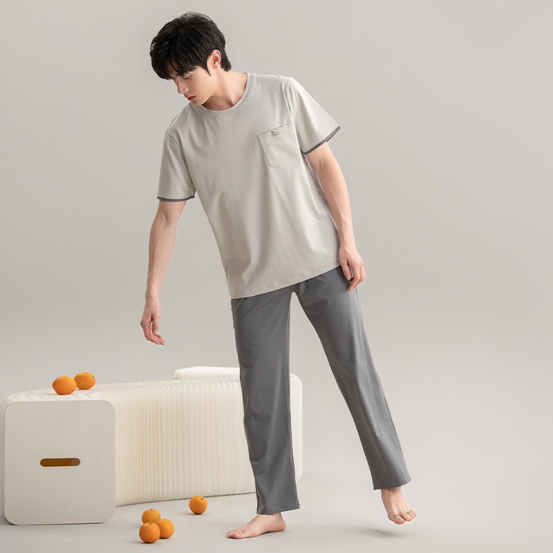 Short-Sleeved Long Pants Antibacterial Summer Pure Cotton New Style Pajamas Men's Summer Thin Cotton Home Clothes Two-Piece Set Summer