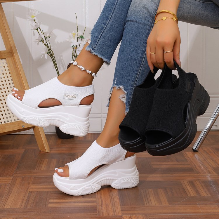 Cross-border plus-size fly-knit casual wedge sandals for women, new foreign trade sports style mesh thick-soled Roman sandals Cross-border plus-size fly-knit casual wedge sandals for women, new foreign trade sports style mesh thick-soled Roman sandals