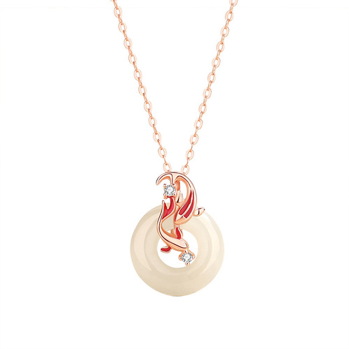 Original Koi Peace Buckle Necklace for Women Hetian Jade Retro Palace Style National Trend Clavicle Chain Pendant Little Red Book Same Style