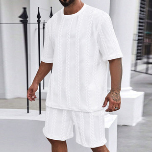European and American 25 Amazon Knitted Solid Color Jacquard Summer Casual Crewneck Pullover Short Sleeve Shorts Sports Men's suit