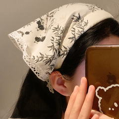 New Chinese Style Ink Wash National Style Integrated Headband Model Triangular Head Scarf for Women, Covering Head, Ancient Style Zen Aesthetic Lazy Person Retro Pastoral Wind