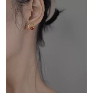 Xiaohongshu Authentic 157 Southern Red Agate Circle Earrings Retro Elegant National Trend Earrings 925 Silver Japanese and Korean Earrings for Women