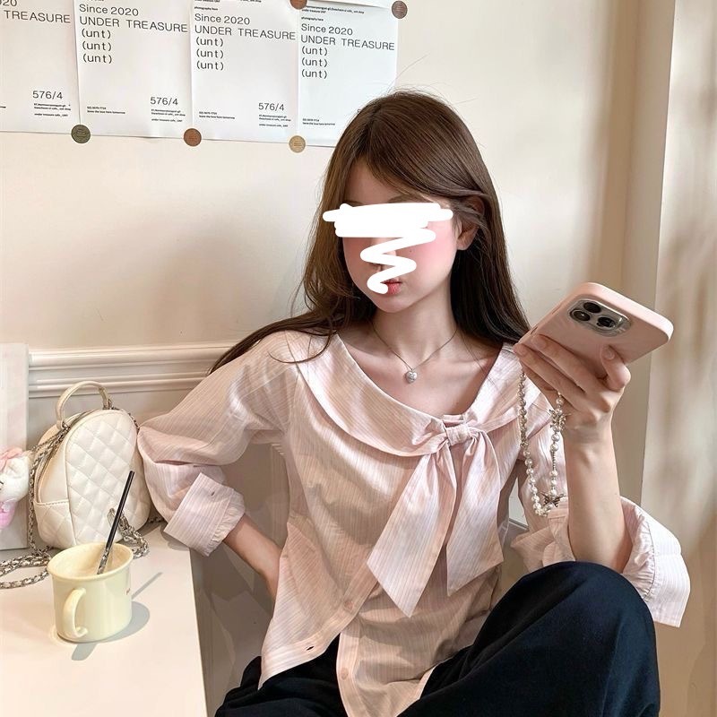 2025秋季新款不规则小众减龄上衣甜美蝴蝶结设计感长袖条纹衬衫女|undefined