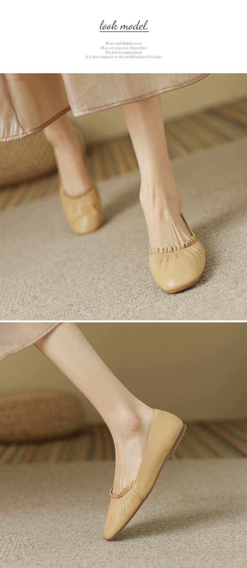 Giày ballet nữ đế bằng da bò mềm mũi tròn phong cách văn nghệ — Màu đỏ rượu chi tiết 8