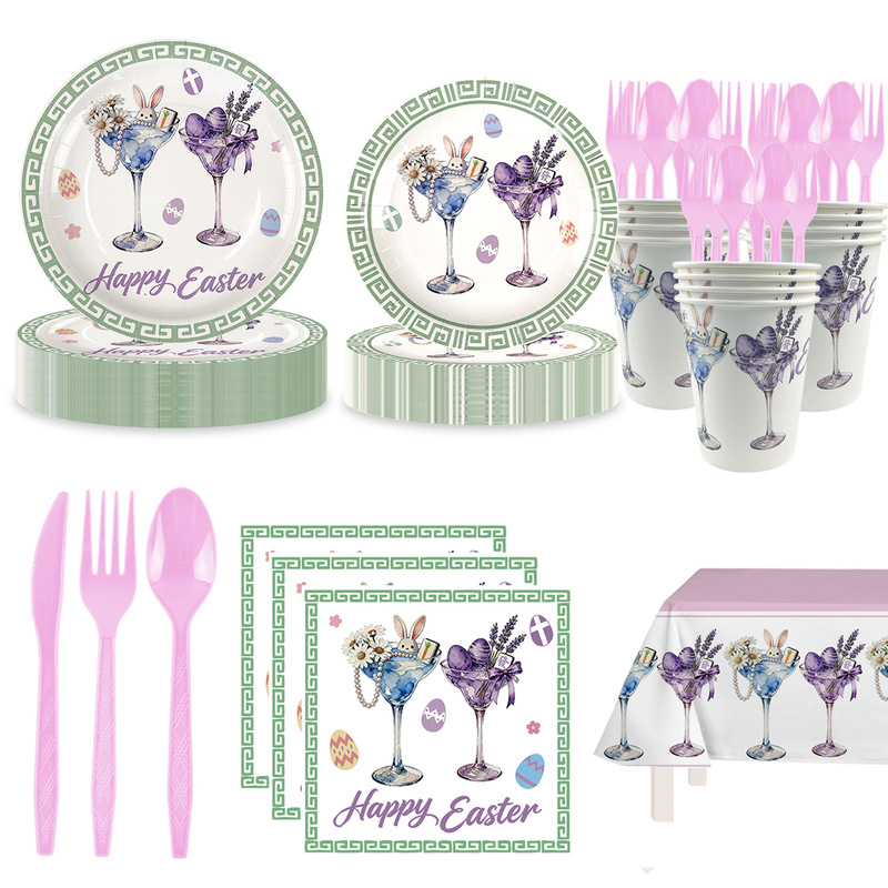 Mahjong Easter Themed Disposable Tableware Party Supplies Decoration Set Dinner Plates Paper Plates Paper Cups Paper Towels Cutlery