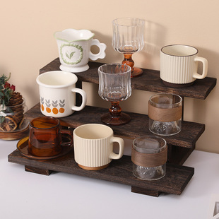Solid Wood Retro Chinese Style Ancient Shelf Small Desktop Tea Cup Shelf Ladder Display Rack Teapot Tea Set Storage Rack