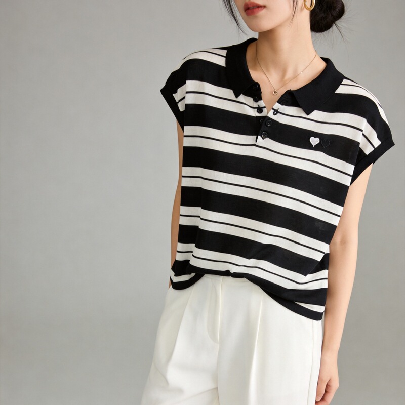 Jiaxing Puyang Lyocell Tencel Summer New Style Navy Blue Striped Square Collar Knit T-Shirt Short-Sleeve Top for Women Jiaxing Puyang Lyocell Tencel Summer New Style Navy Blue Striped Square Collar Knit T-Shirt Short-Sleeve Top for Women
