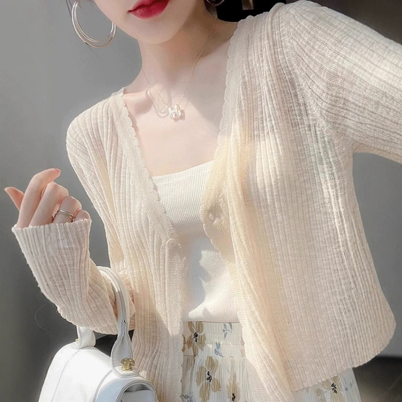 Women's Ice Silk Knit Cardigan 2025 Early Spring New Sun-Protective Air-Conditioning Shirt Top with Suspender Skirt and Short Shawl Coat Women's Ice Silk Knit Cardigan 2025 Early Spring New Sun-Protective Air-Conditioning Shirt Top with Suspender Skirt and Short Shawl Coat