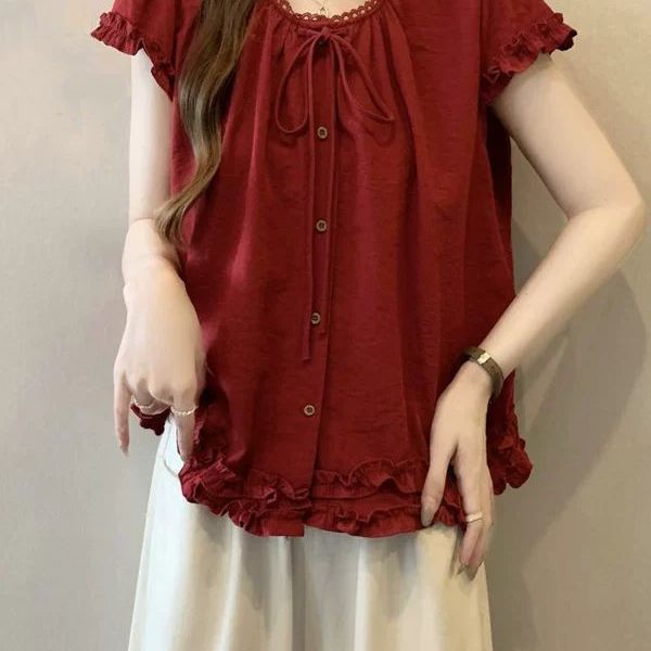 Plus-Size Ruffled Hem Short-Sleeve Shirt for Women, Summer 2025 New Style, Loose Fit for Chubby Figures, Slimming and Covering, Outerwear Top Plus-Size Ruffled Hem Short-Sleeve Shirt for Women, Summer 2025 New Style, Loose Fit for Chubby Figures, Slimming and Covering, Outerwear Top