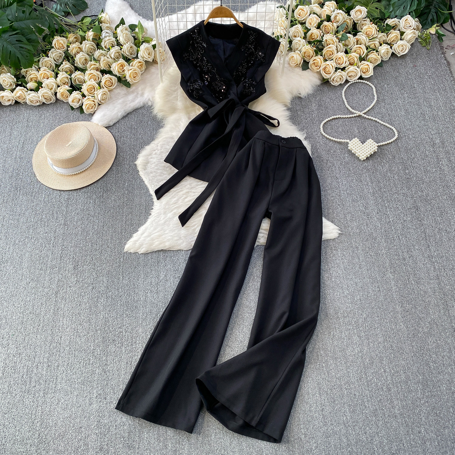 Elegant Embroidered Sequin V-Neck Waist-Defining Blazer & High-Waist Wide-Leg Trousers Two-Piece Set_ecoleips.com