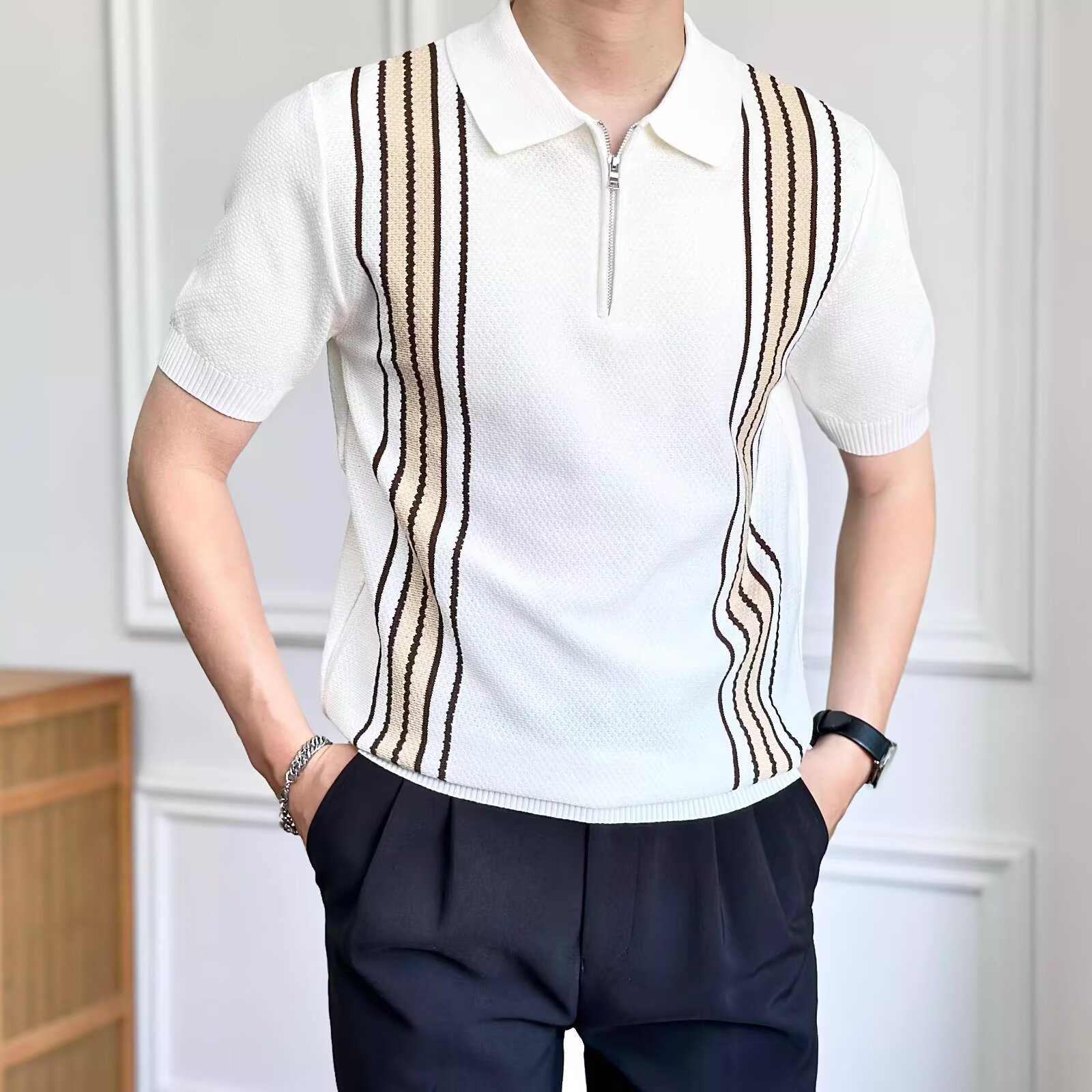 Polo camiseta camiseta de punto camiseta de manga corta camiseta de cuello de hombre rayas medio cremallera viejo dinero viento hielo seda fábrica transfronteriza al por mayor
