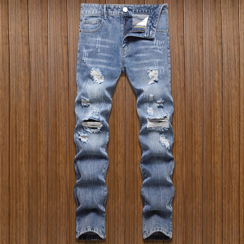 European and American Foreign Trade Amazon Men's Ripped Jeans Trendy Personality Straight Slim Fit Large Ripped Men's Jeans