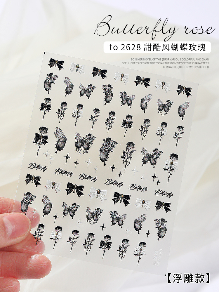 Pegatinas de Uñas con Diseño de Mariposa y Rosa, Estilo Moderno, Dulce y Atrevido, con Relieve Tridimensional, Novedad 2025