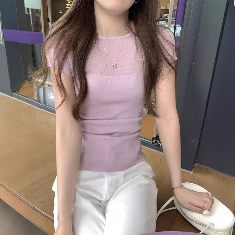French Style Dopamine Purple Ice Silk Knitted Sweater Women's Summer Spice Girls Shoulder All-match Slim-fit Short-sleeved T-shirt Top French Style Dopamine Purple Ice Silk Knitted Sweater Women's Summer Spice Girls Shoulder All-match Slim-fit Short-sleeved T-shirt Top