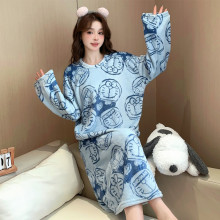 睡裙冬长款女法兰绒加绒加厚保暖长袖圆领卡通宽松大码珊瑚绒批发