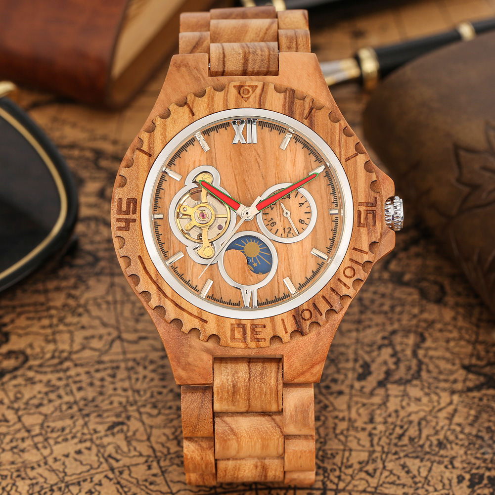 Automatic Mechanical Watch Men Zebra Wood Red Sandalwood Skeleton_voghion.com