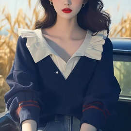 藏蓝色木耳边领针织卫衣早秋季新款女慵懒松弛别致上衣