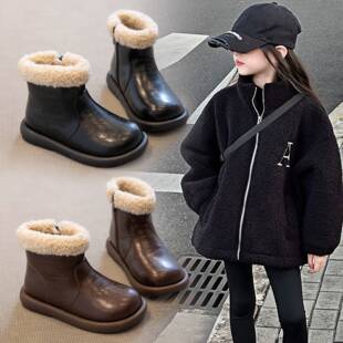 Girls' Boots 2025 New Winter Kidsren's Snow Boots Furry Shoes Fleece-Lined Little Girls' Leather Boots Martin Boots Short Boots