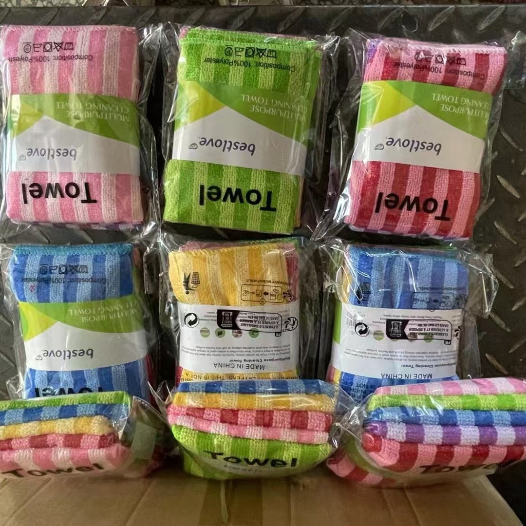 Paño de limpieza de microfibra a rayas en stock, rayas clásicas de dos tonos, varios colores disponibles, absorbente, fácil de limpiar, paño para lavar platos al por mayor.