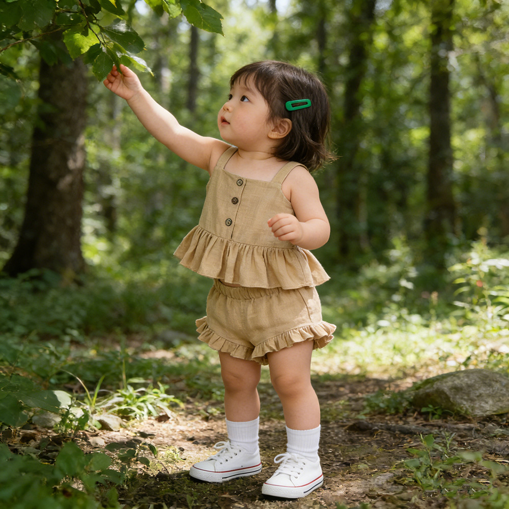 ins Cotton and Linen Baby Girl's Suit Summer Camisole Top Four Corner Ruffled Shorts Girls' Two-Piece Baby Clothes