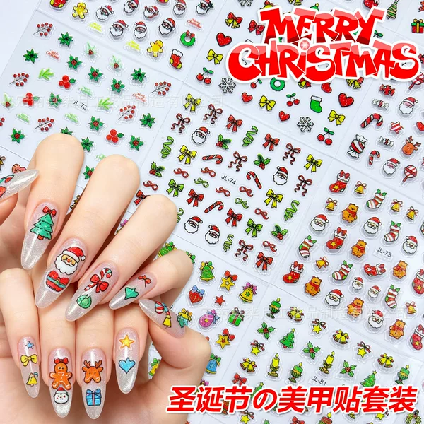 Cute Cartoon Glitter Christmas Nail Stickers Santa Claus Gingerbread Man Christmas Tree Winter Nail Sticker Set