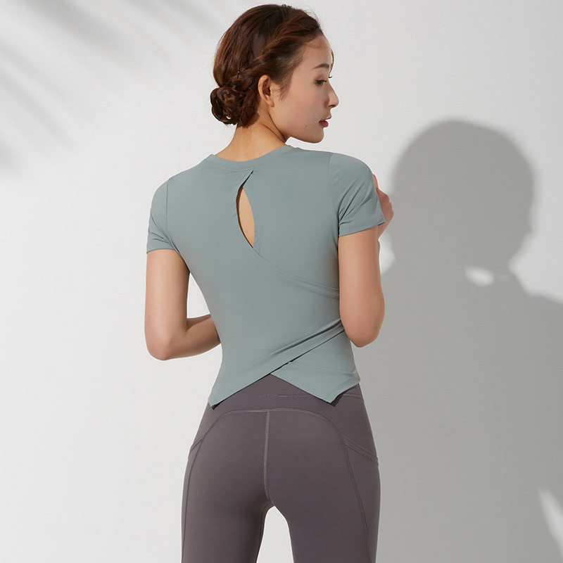 Spring and Summer New Yoga Clothes for Women, Swallowtail Yoga Short-Sleeved Sexy Round-Neck Sports Tops, Women's Cross-Stitched Fitness Clothes