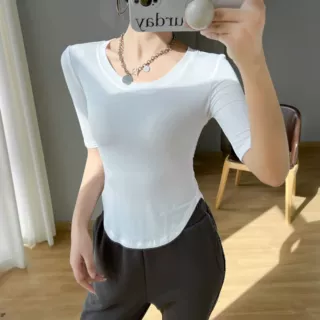 白色半袖T恤女2025夏季莫代尔别致弧形下班收腰修身显瘦短款上衣