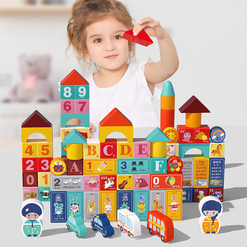 Montaje creativo de los niños bloques de construcción de madera 100 piezas Tema de aprendizaje gran acumulación de partículas de madera juguetes educativos de educación temprana