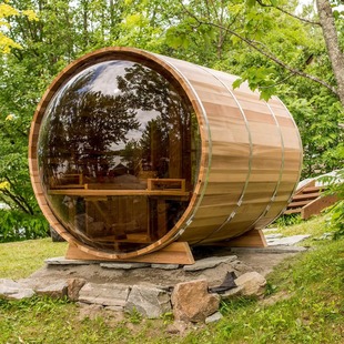 Luxury Design Wood Barrel Sauna with Panoramic Spherical Glass, Mobile Garden Sauna