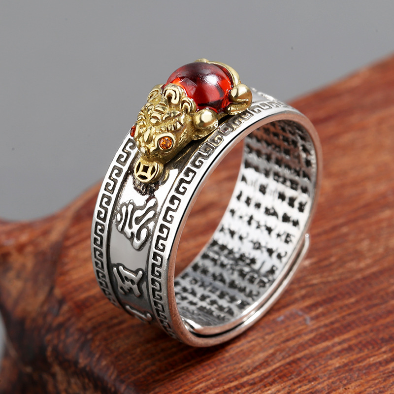 Vintage Thai Silver Ring Garnet Pixiu Ring Men's Fashion Adjustable Personality Unisex Creative Simple High-End Ring