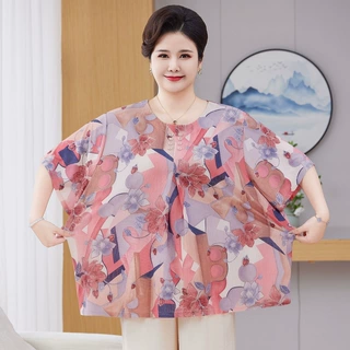 中老年妈妈装夏季印花短袖上衣女特体大码200斤遮肚子显瘦T恤洋气