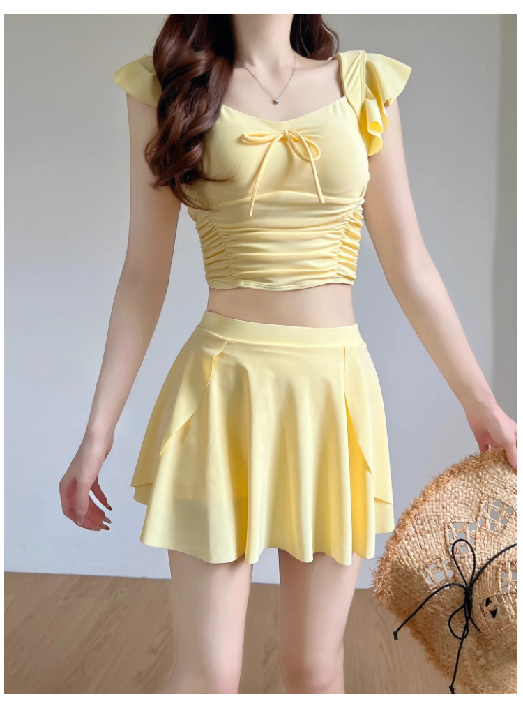 GraceChic 2025 Neuer hochwertiger gelber zweiteiliger Badeanzug im Rockstil für Damen – Bauchkontrolle, figurformend, für kleine Oberweite, konservativ, ideal für den Urlaub_voghion.com