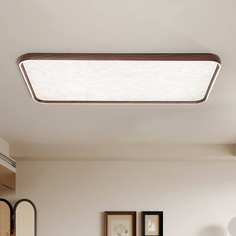 Lámpara de techo de sala de estar de estilo antiguo, color de madera de nogal, retro wabi-ji, moderno, simple, cuadrado, protección ocular, paquete de lámpara para toda la casa