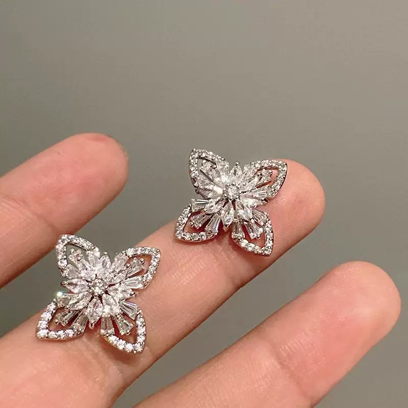 Zirconium, small design fashionable universal earrings, micro incrustation, diamond encrusted, flowered, high-quality style
