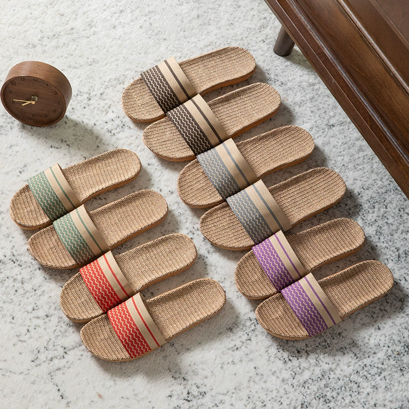 Весенне-летние льняные тапочки в полоску с деревянным полом для женщин, домашние тапочки для пар, четырехсезонные тапочки для мужчин