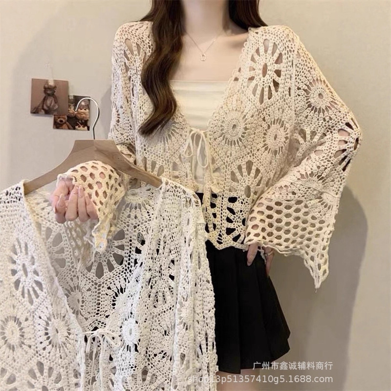 Crochet Hollow Lace-Up Knitted Cardigan Women's Summer New Bohemian Resort Style Long Sleeve Short Shawl Top