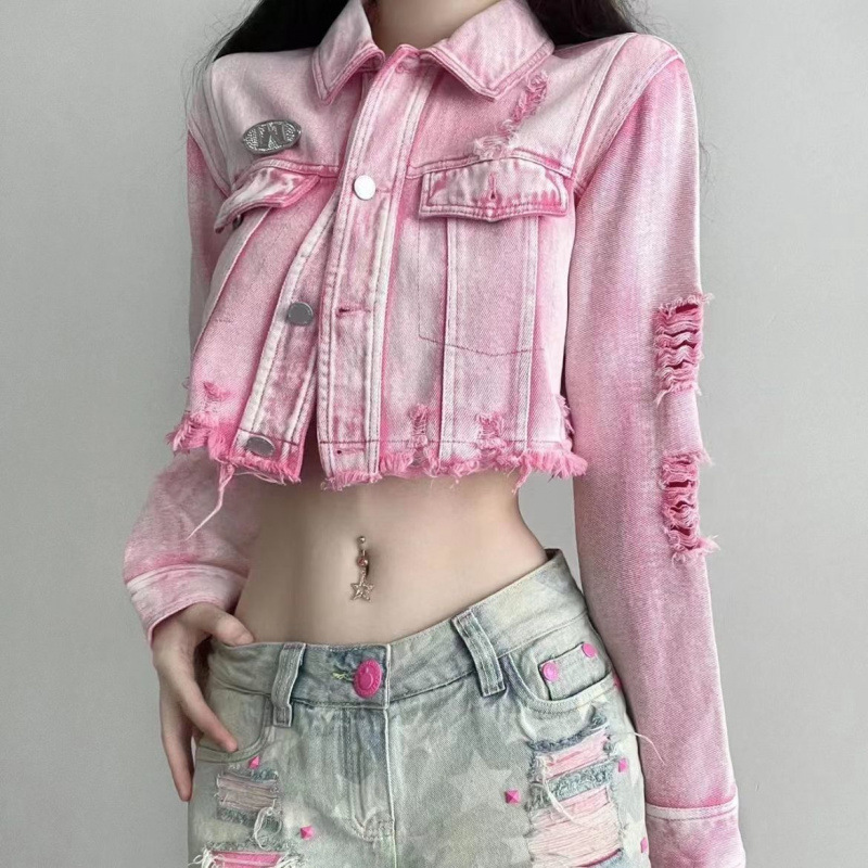 2026 Spring Hot Girl Pink Washed Distressed Denim Short Jacket Loose Fashionable Jacket Ins Style Top National Trend Brand