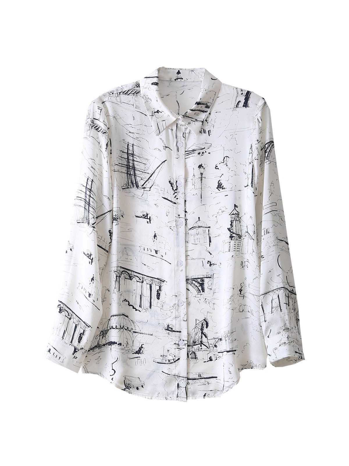 Áo sơ mi nữ dài tay chất satin twill họa tiết sketch phong cách Pháp — trắng