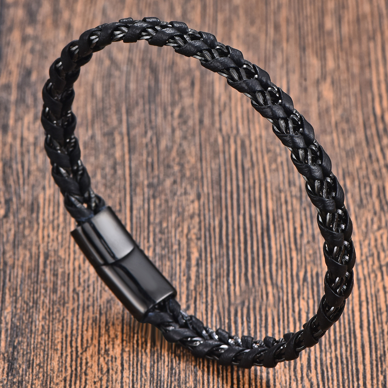 Men's Gender Retro, Punk Style Retro Punk 316L Stainless Steel Pu Leather Geometric Woven Chain Men Cord & Leather Bracelets