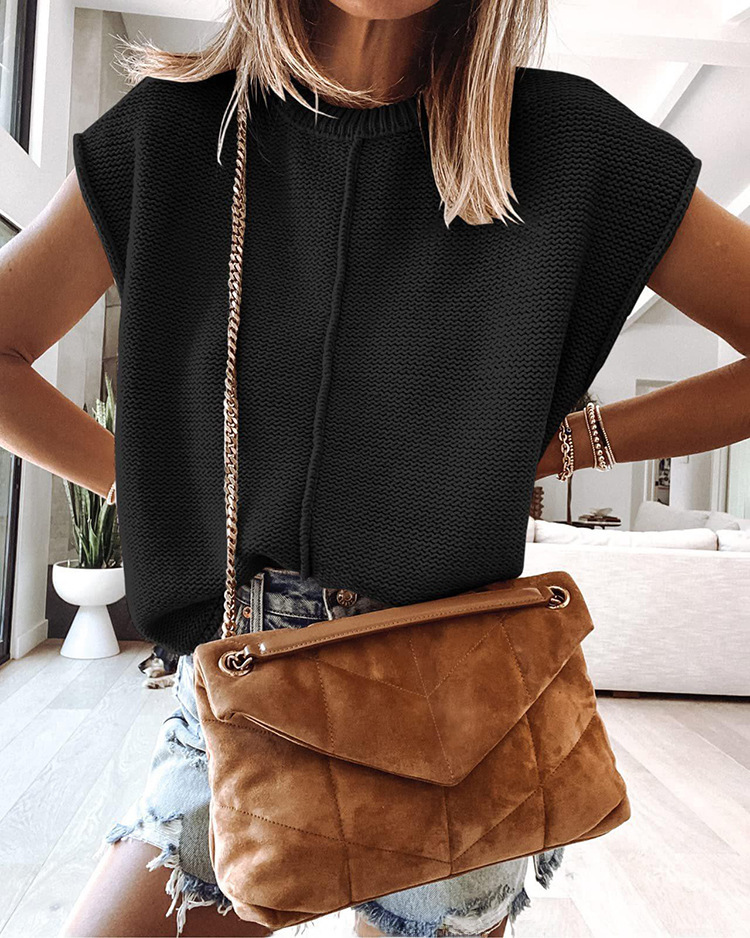 Vendita calda transfrontaliera temperamento gilet senza maniche lavorato a maglia abbigliamento esterno da donna europeo e americano casual ampio colore solido lavorato a maglia top_voghion.com