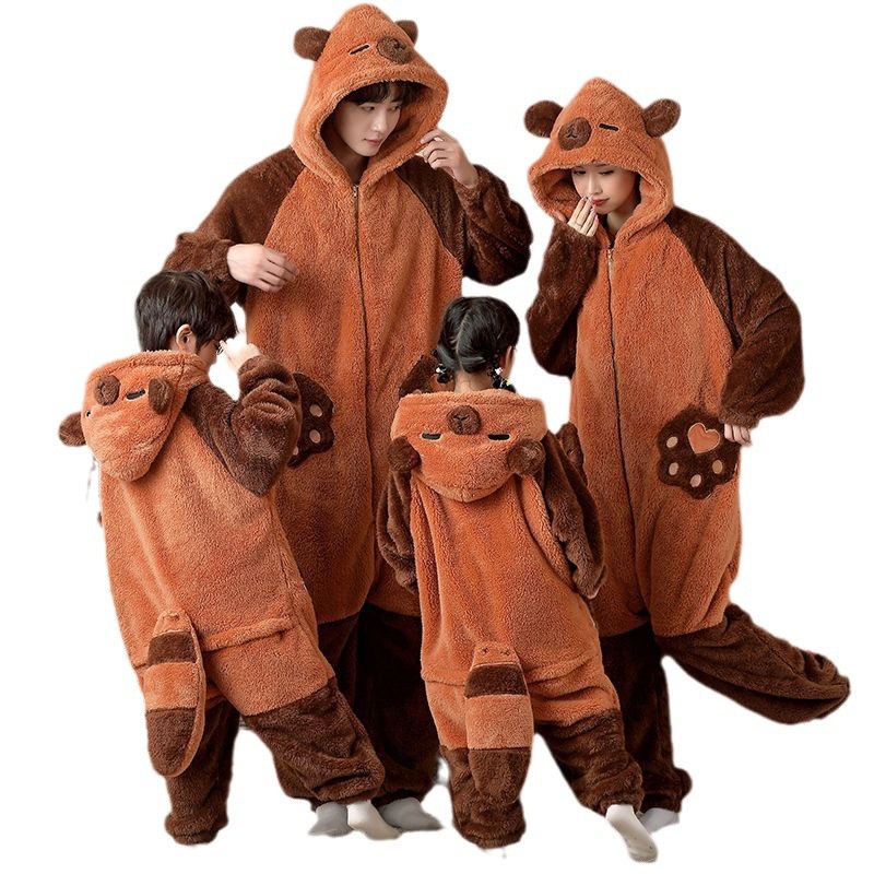Family Pajamas Winter Siaman Pajamas Coral Fleece Cartoon Little Fulong Family of Three Red Home Clothes