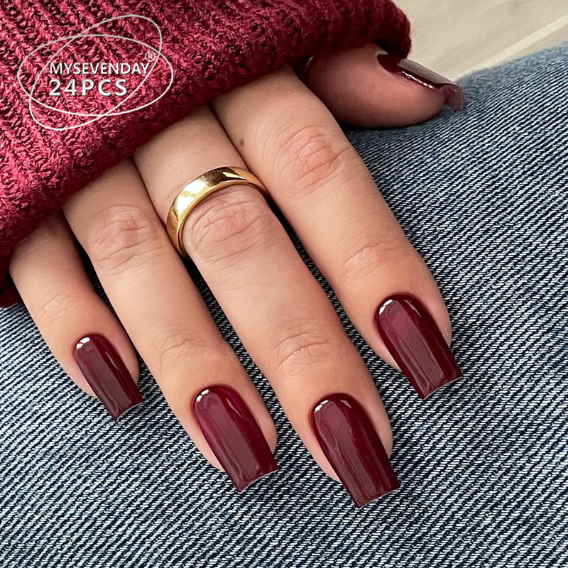 Wearable Short Nails Cross-Border Chinese Square Glossy Burgundy Manicure Nails Finished Removable Nails